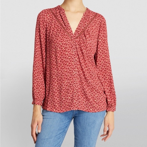 PAIGE Doris V-Neck Red Papaya Multi Gold Long Sleeve Button Down Blouse NWT Sz L - Picture 1 of 12